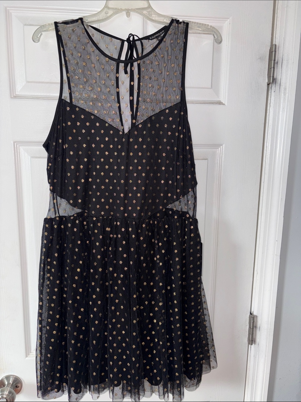 Express Black Mesh Mini Dress with Gold Dot Accents